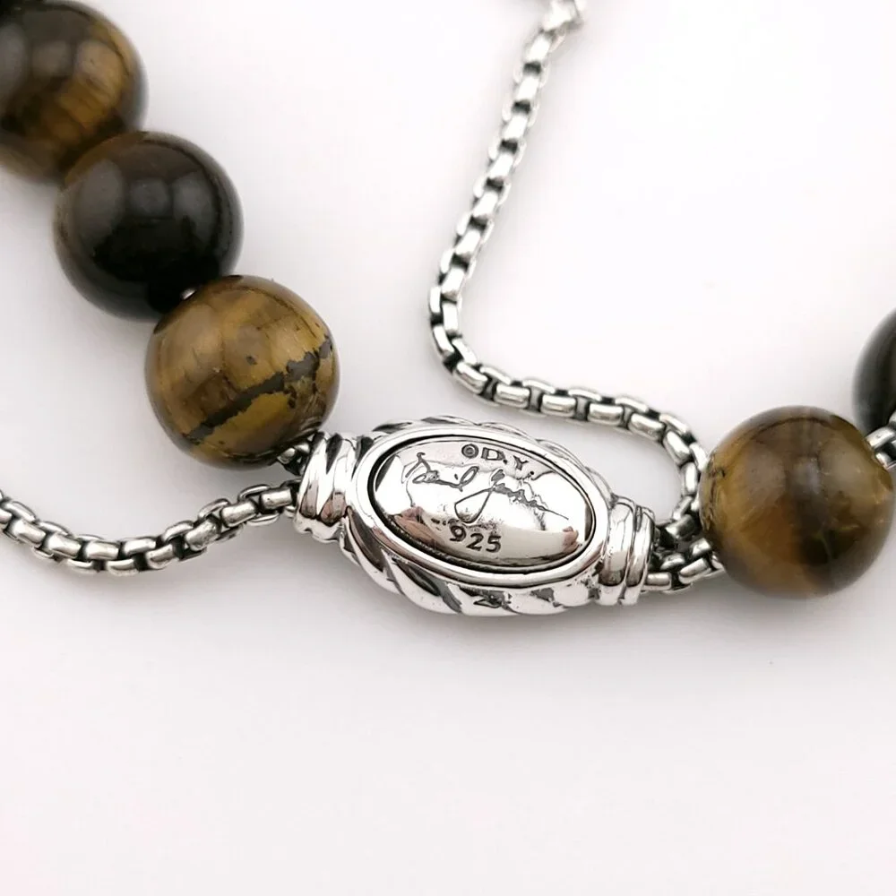 David Yurman Sterling Silver 8mm Tiger's Eye Spiritual Bead Beaded Pull Bracelet